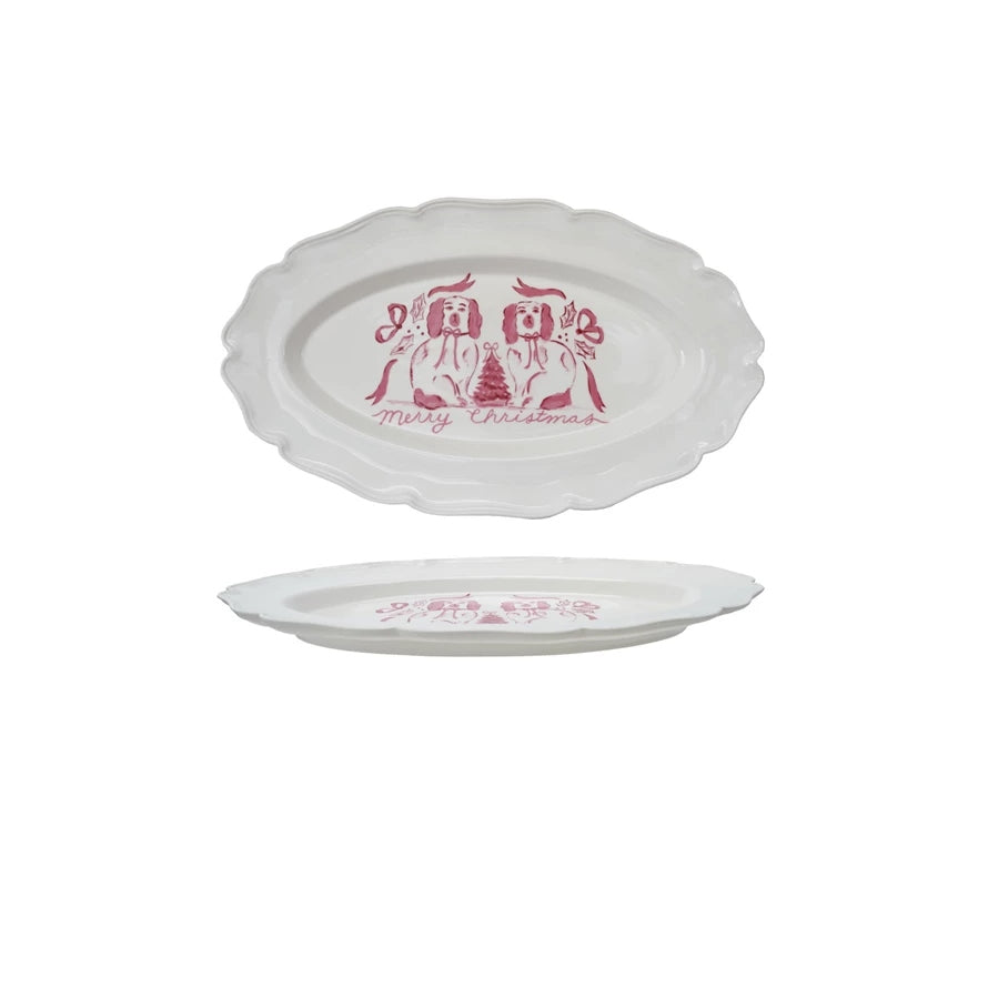 Stoneware scalloped platter featuring a Staffordshire dog pattern in earthy tones.