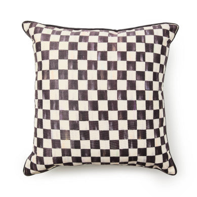 Courtly check printed outdoor pillow with a geometric black-and-white pattern on polyester fabric.