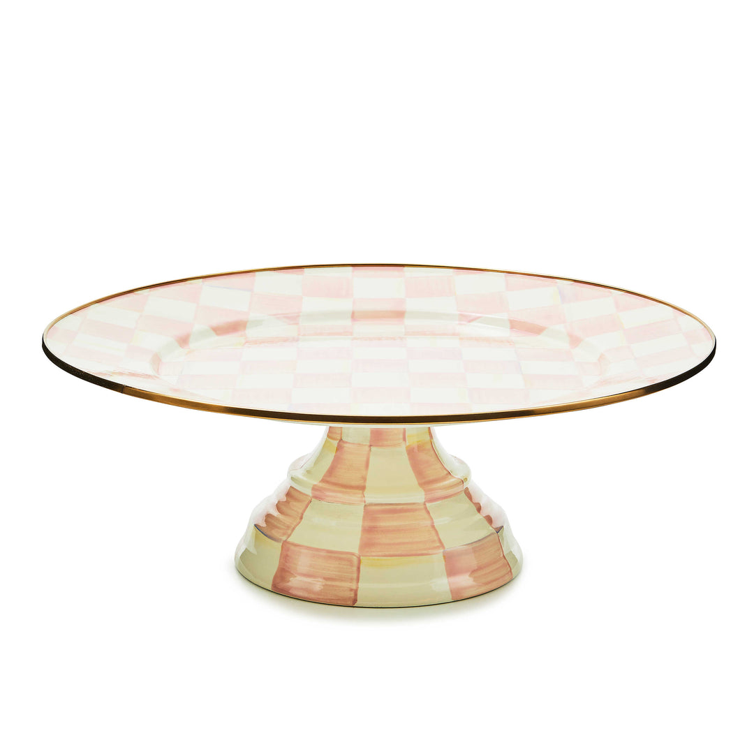 Large pedestal platter with a hand-painted pink and white rosy check pattern and bronzed rim.