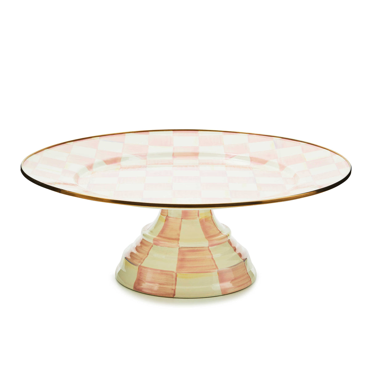 Large pedestal platter with a hand-painted pink and white rosy check pattern and bronzed rim.