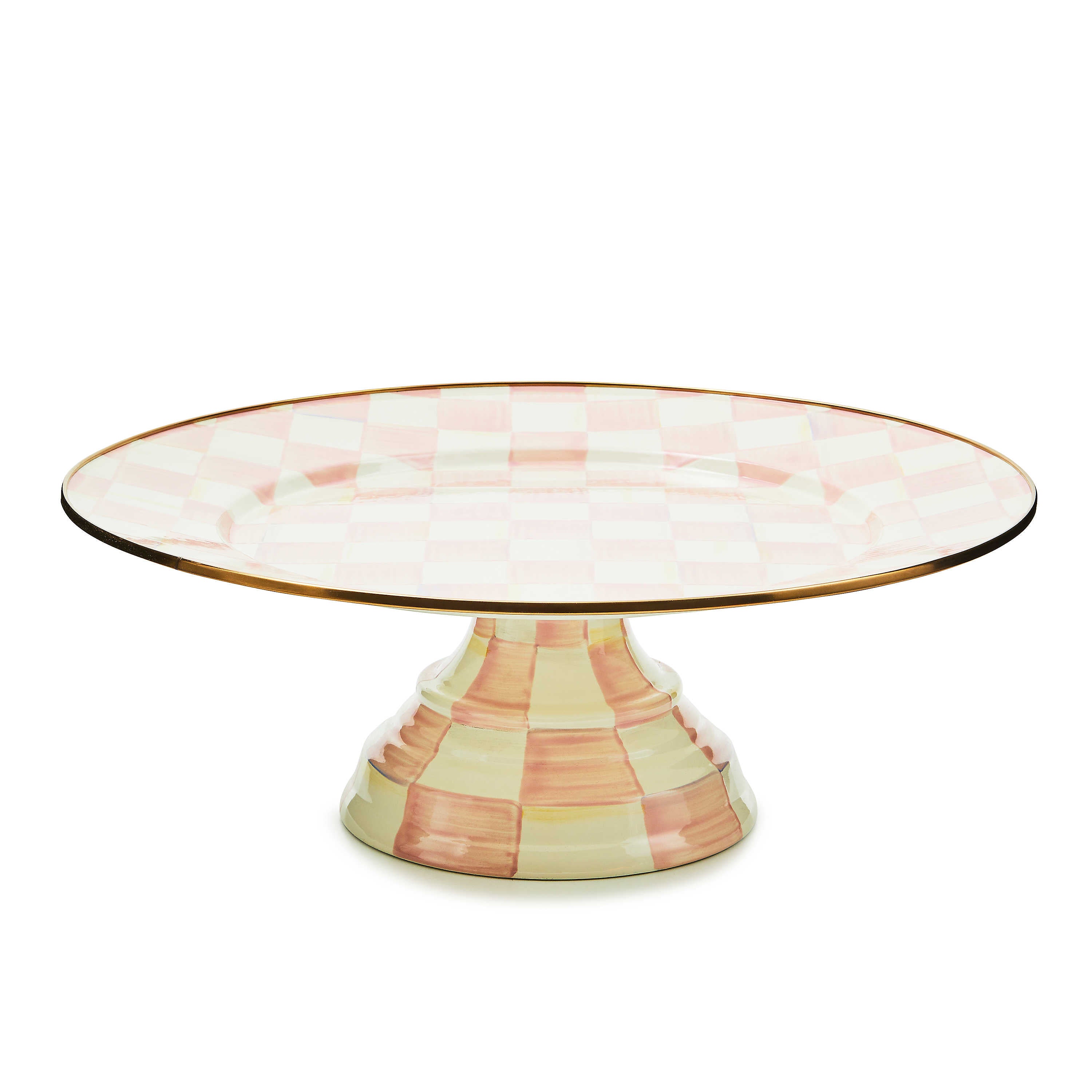 Large pedestal platter with a hand-painted pink and white rosy check pattern and bronzed rim.