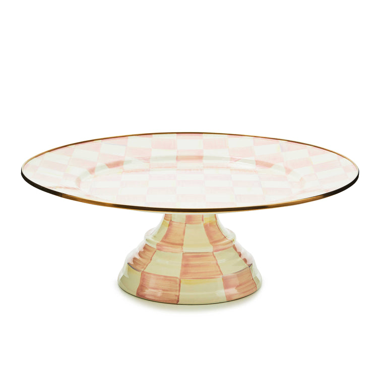 Large pedestal platter with a hand-painted pink and white rosy check pattern and bronzed rim.