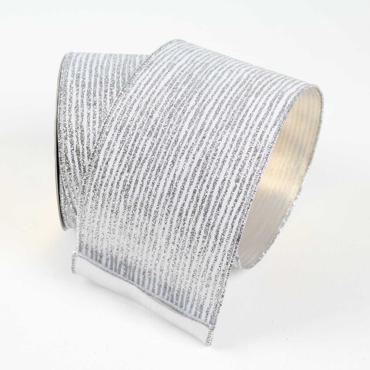 Silver striped ribbon with glitter detailing on metallic lame fabric.