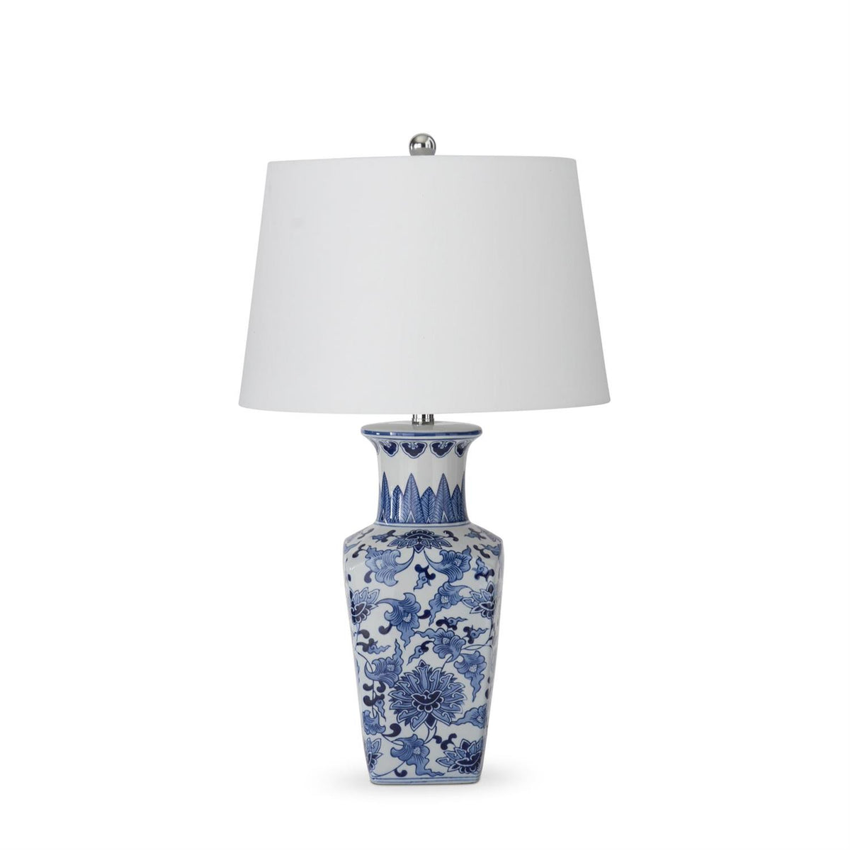 Square ceramic lamp with blue and white chinoiserie pattern on base and plain white shade