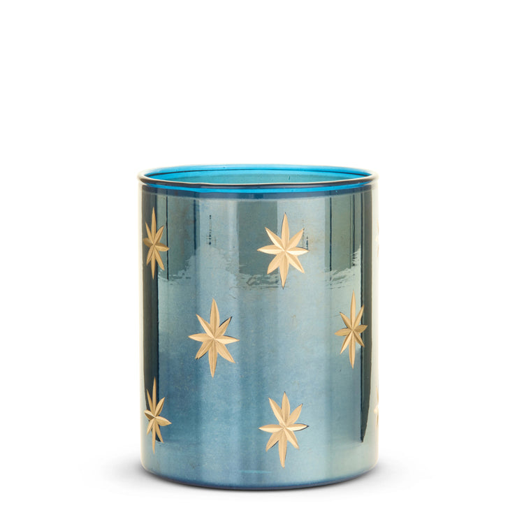 Etched Blue Star Container made of glass with gold star detailing on a rich blue finish.