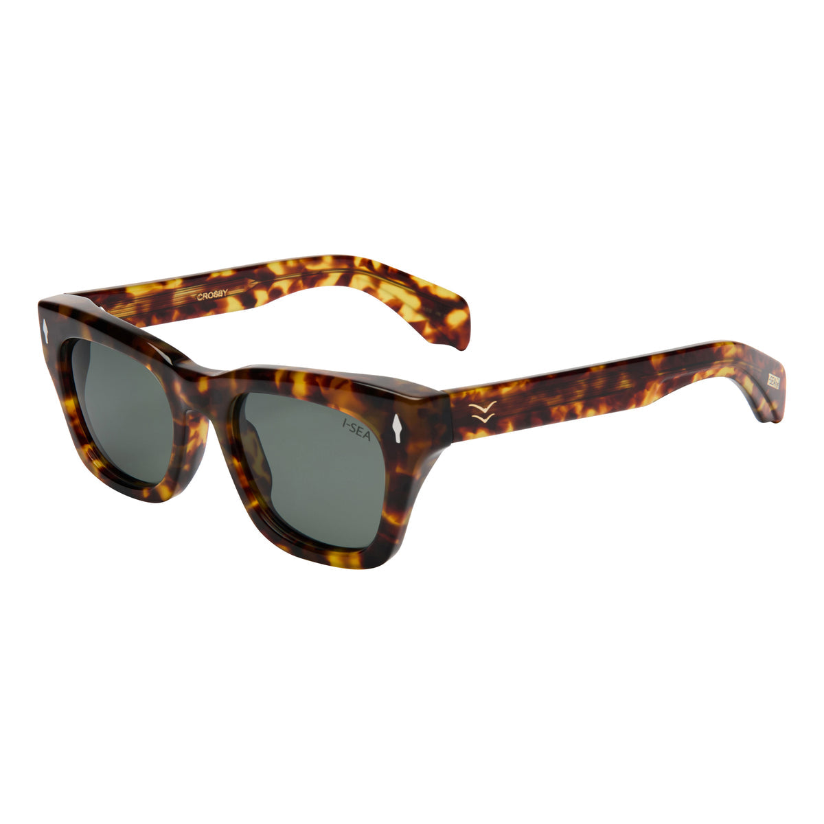 Crosby sunglasses with thick tortoise shell acetate frames and green polarized lenses.