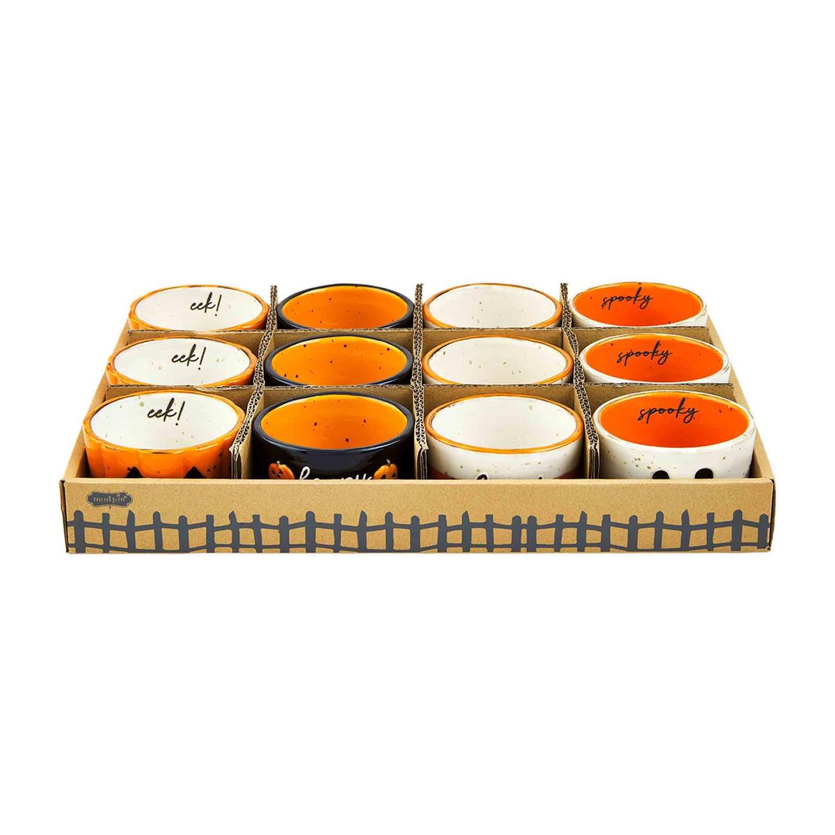 Two-inch stoneware ramekins with a Halloween-themed black and orange pattern.