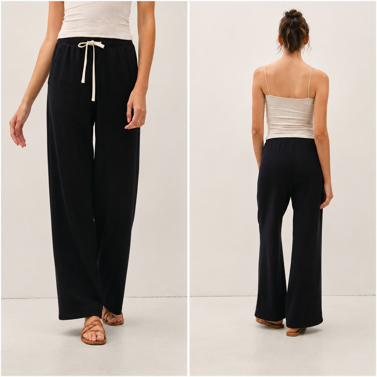 Front and back view of black high-rise wide-leg sweatpants with a white drawstring waistband.