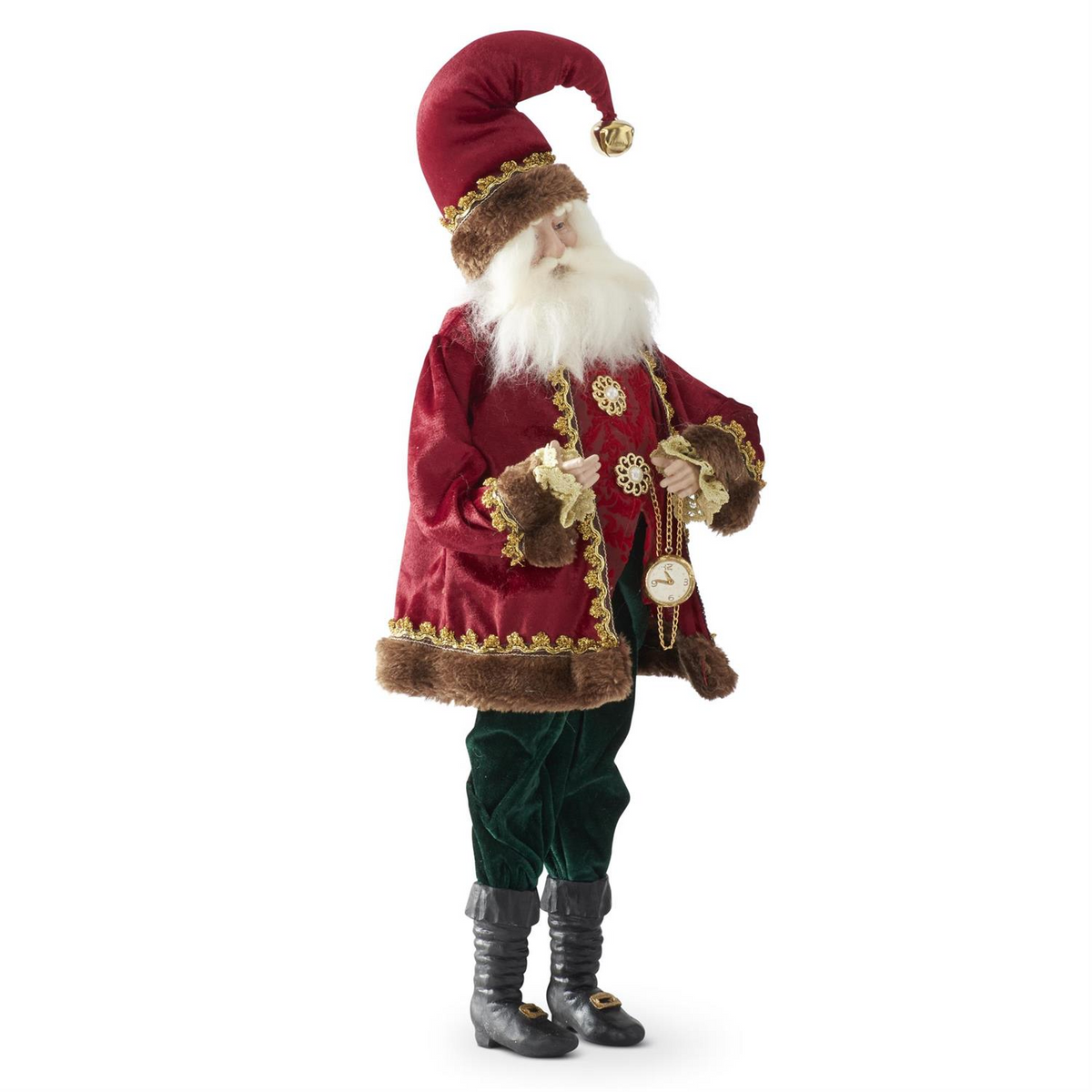 30-inch Santa figurine in a red velvet coat, green pants, and holding a gold pocket watch.