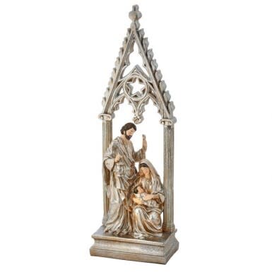 23-inch champagne platinum resin cathedral holy family nativity scene figurine.