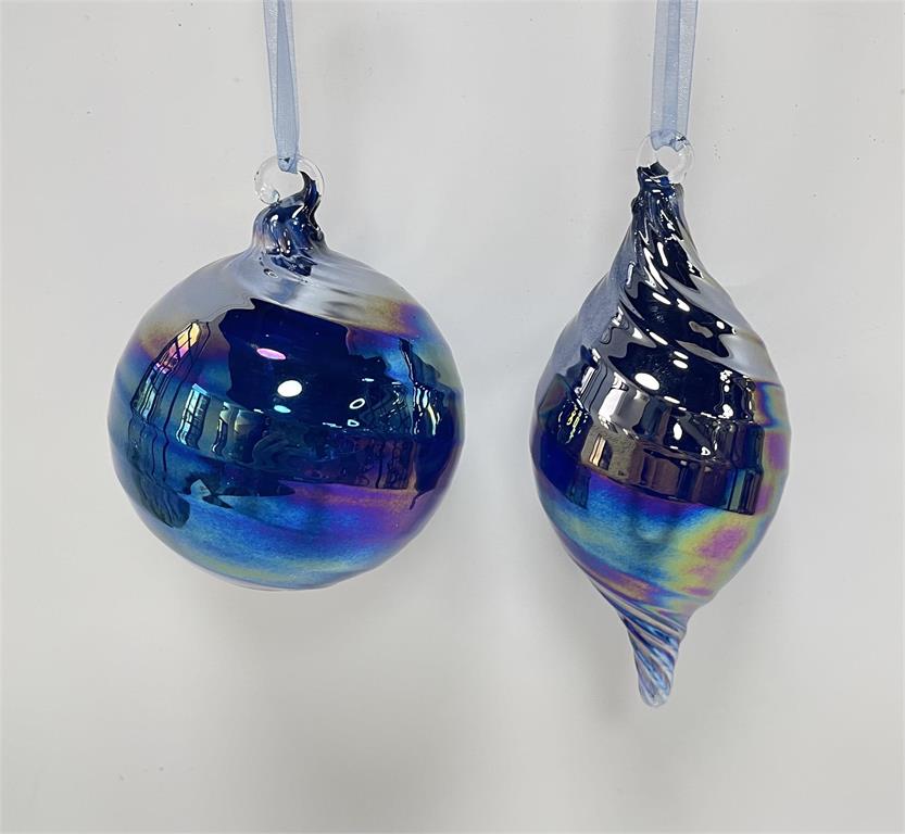 Two 90mm iridescent blue glass ornaments with a swirl pattern, one round and one teardrop shape.