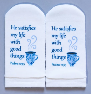 White socks featuring blue text 'He satisfies my life with good things' and a coffee cup graphic.