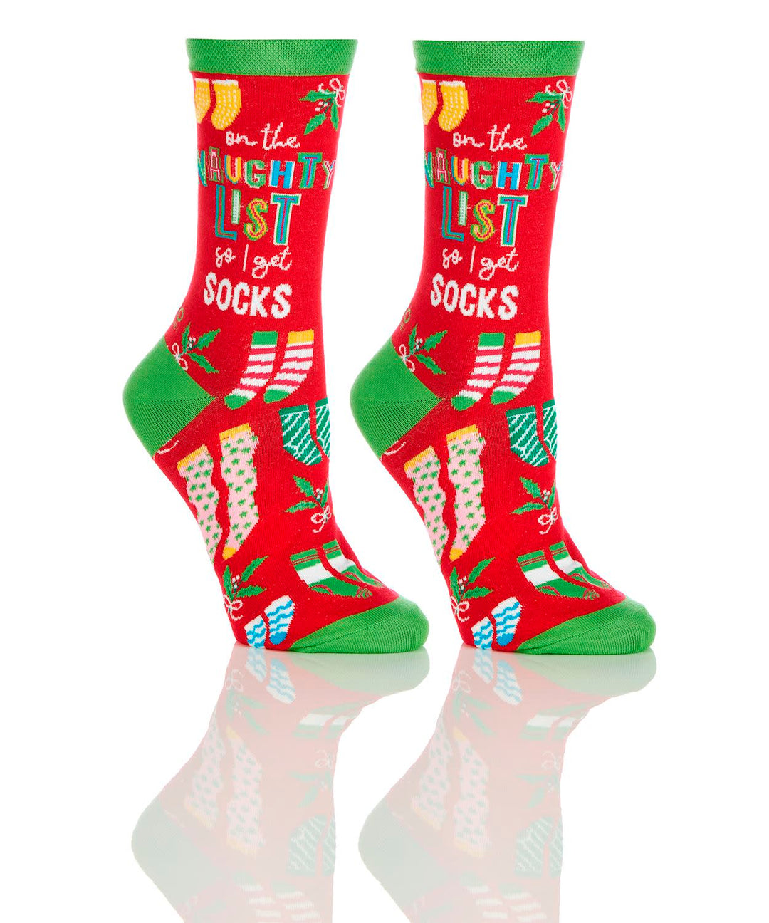 Women's crew socks in red with green accents featuring 'on the naughty list so I get socks' text.