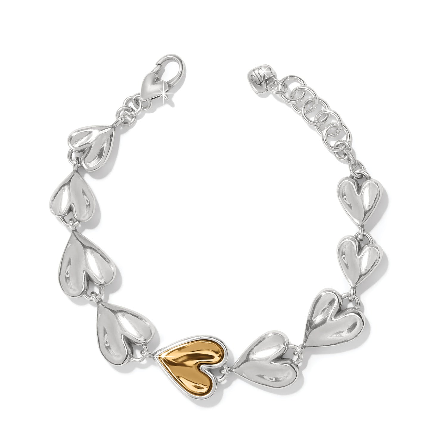Two-tone silver and gold heart link bracelet with a lobster claw closure and adjustable chain.