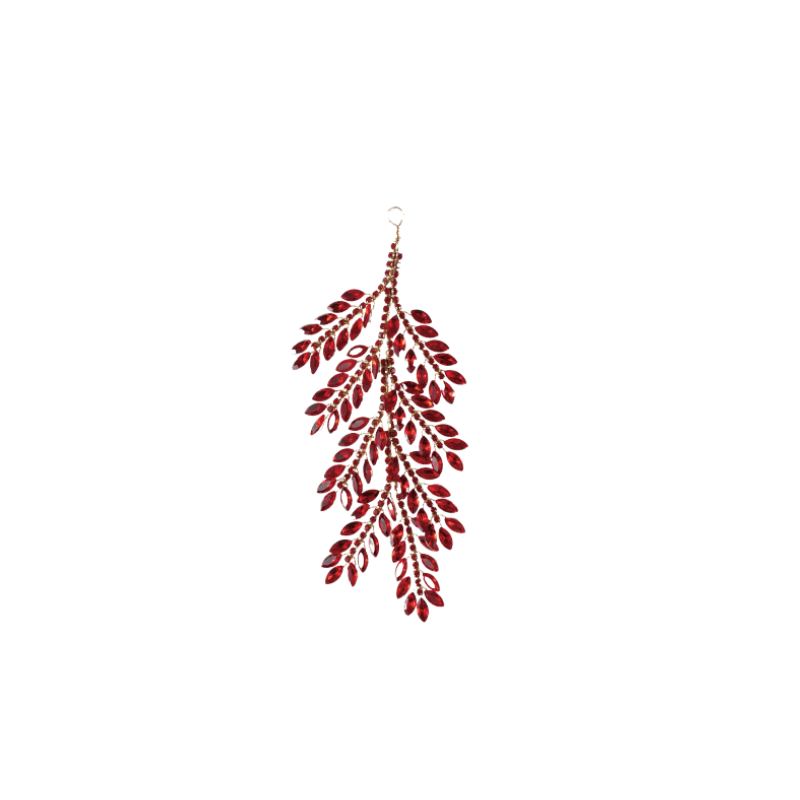 Red jeweled leaf spray ornament with acrylic marquise-cut gems on a gold wire stem.