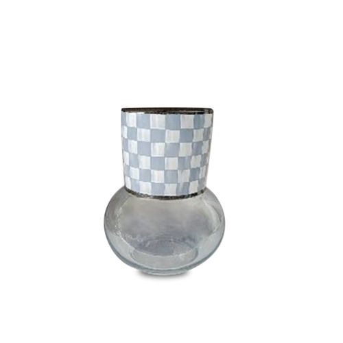 Hand-painted glass vase with a blue and white checkered neck and a clear, rounded base.