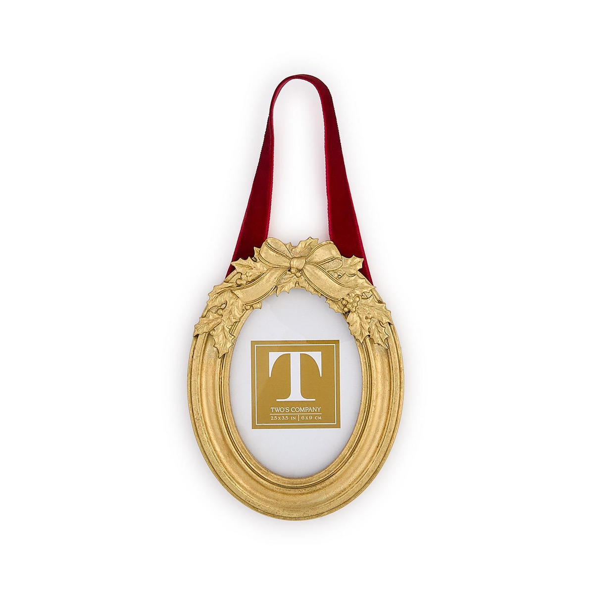 Oval gold holly leaf hanging photo frame ornament with a red velvet ribbon loop.