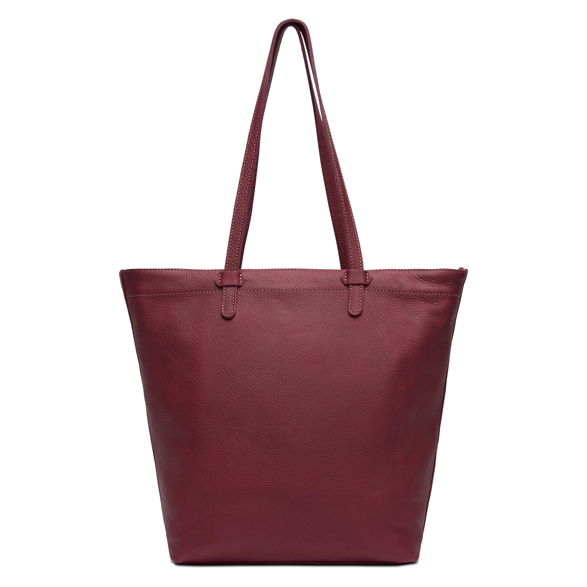Plum Daily Tote in pebble leather with zipper closure, interior slide pocket, hook-clip lanyard, and attached hand-woven friendship bracelet bag tag.
