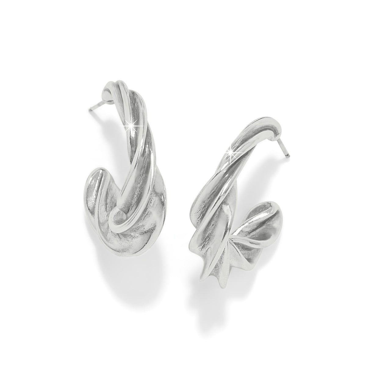 Antica silver plated hoop earrings with a twisted, sculptural design and post back.