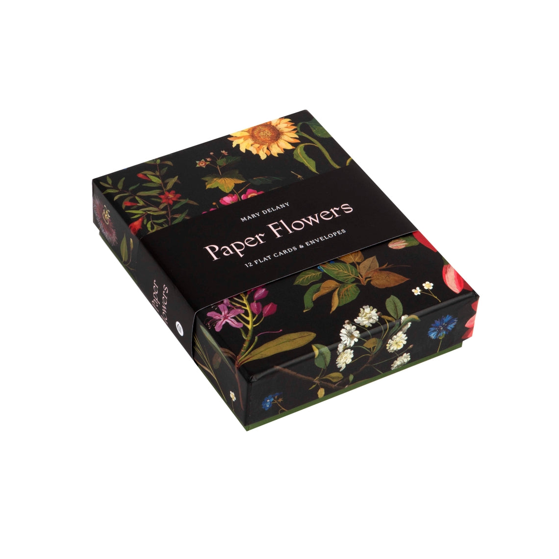 Packaging for Paper Flowers Cards featuring sunflowers, rhododendron, and cornflower botanical illustrations on textured paper.