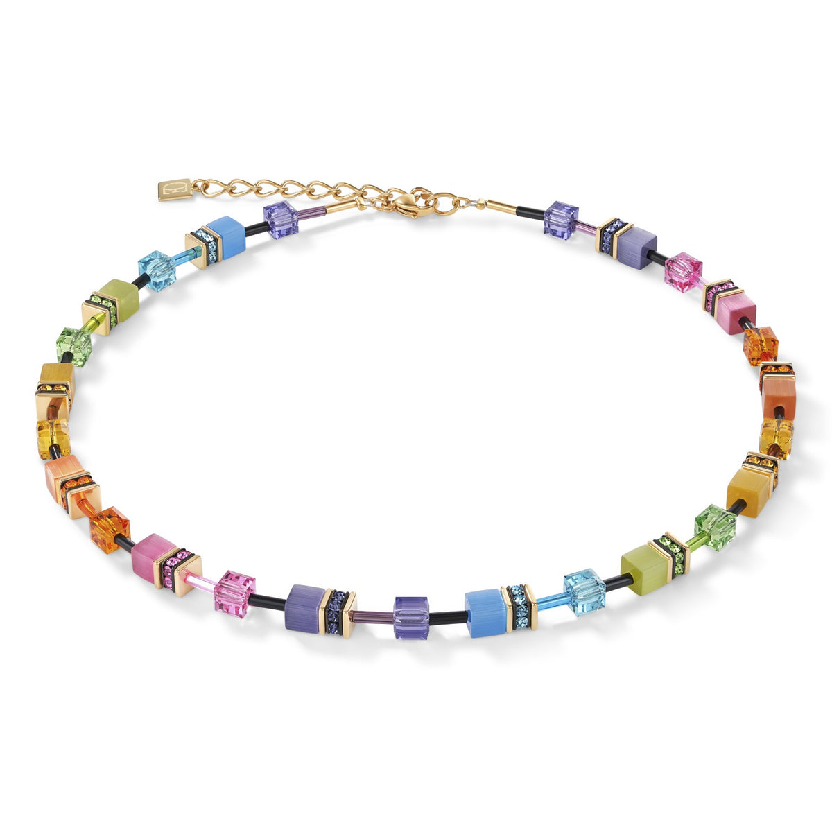 GeoCUBE necklace with colorful synthetic tiger's eye, Swarovski crystals, and gold-plated steel.