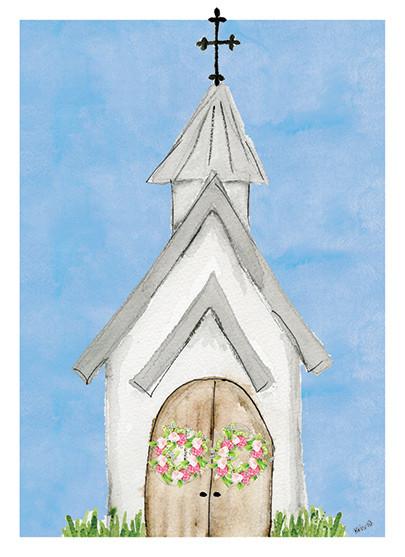 Watercolor greeting card of a white church with floral wreaths on wooden doors under a blue sky.