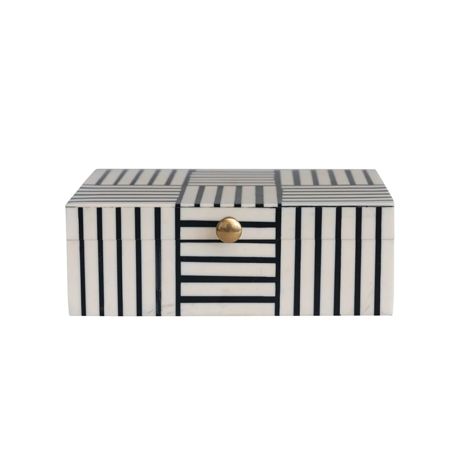 Resin Box With Striped Block Pattern & Gold Knob - Black & White