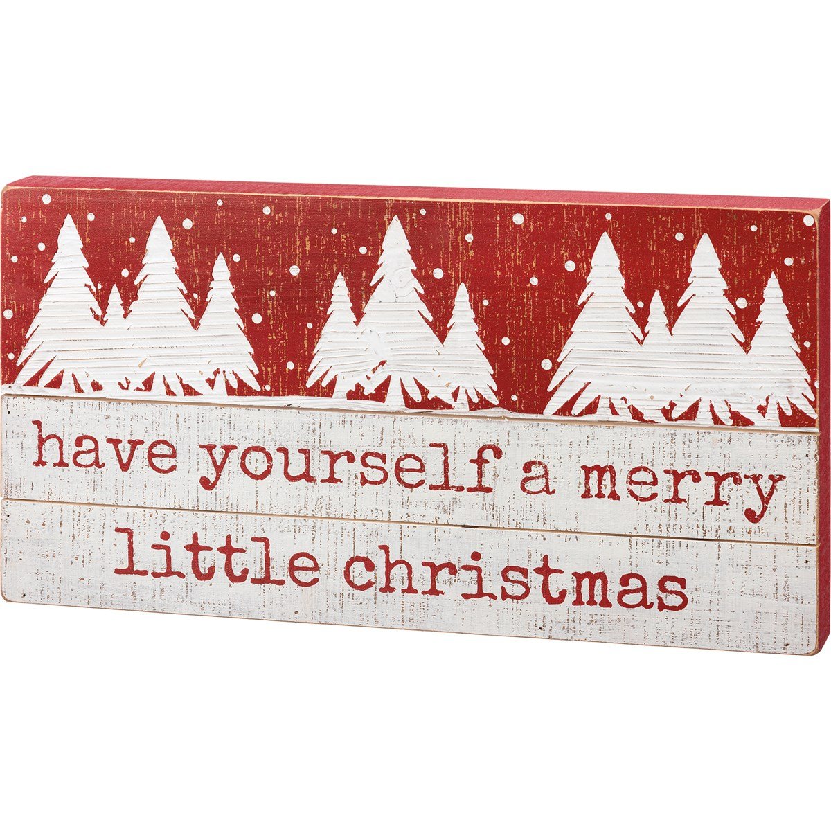 Wooden slat box sign with white trees on red and 'have yourself a merry little christmas' text.