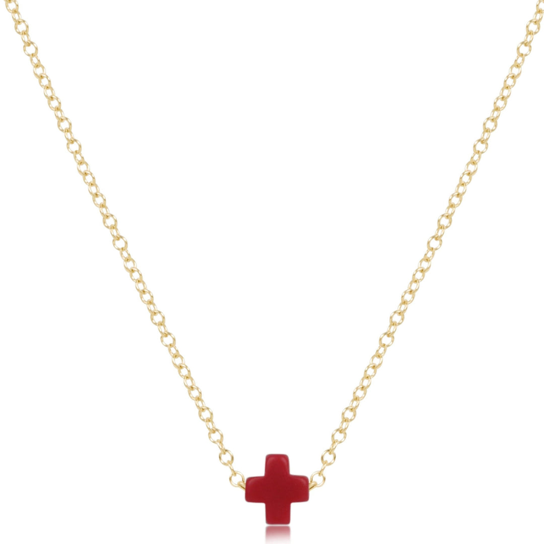 16-inch 14kt gold-filled chain necklace featuring a small red signature cross pendant.