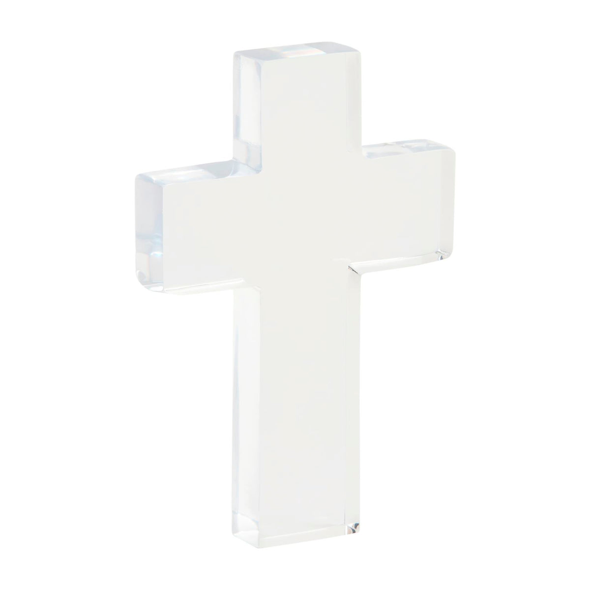 Acrylic cross pendant with resin body in a clear finish.