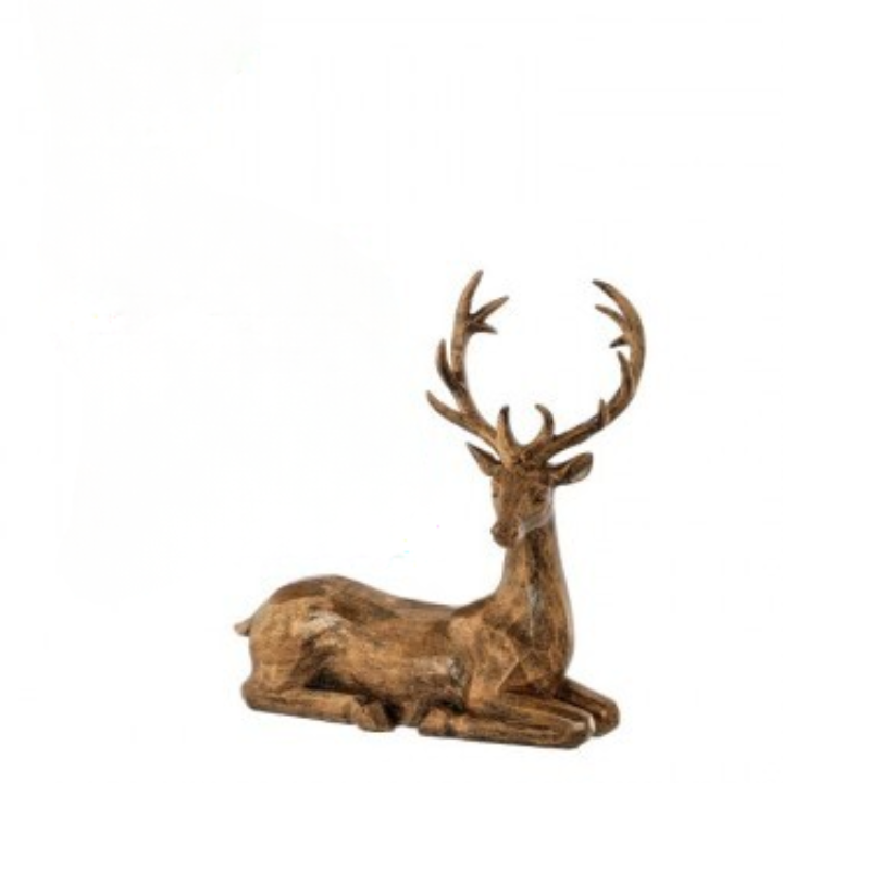 Sculpted resin highland deer figurine in a sitting position with a rustic wood-like finish.