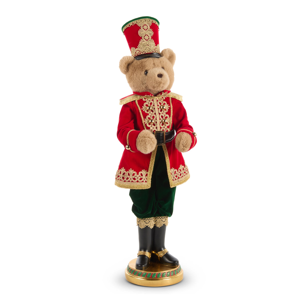 39-inch bear toy soldier figurine in a red velvet uniform with gold trim and a tall hat.
