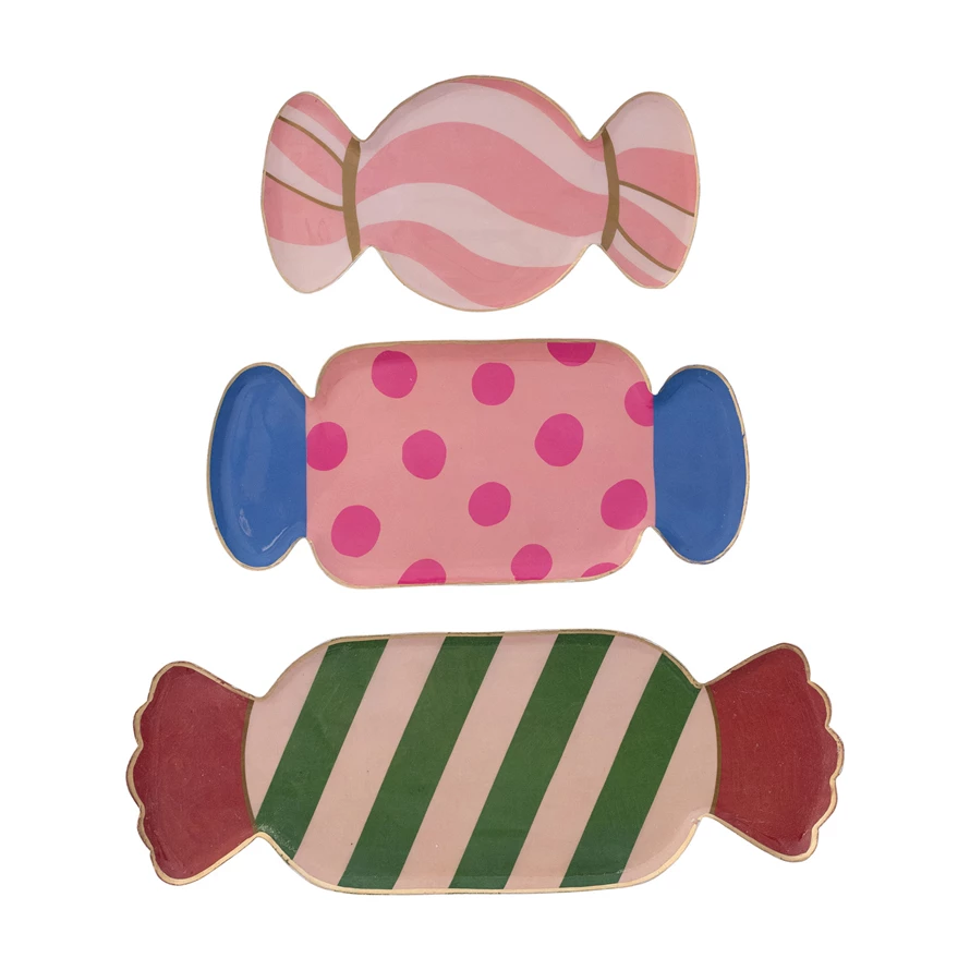 Enameled Metal Candy Shaped Trays With Gold Edge