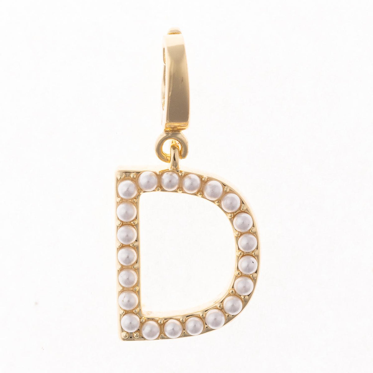 Avery Initial Charm in 18k gold plated nickel-free metal with a .5-inch length and clasp attachment.