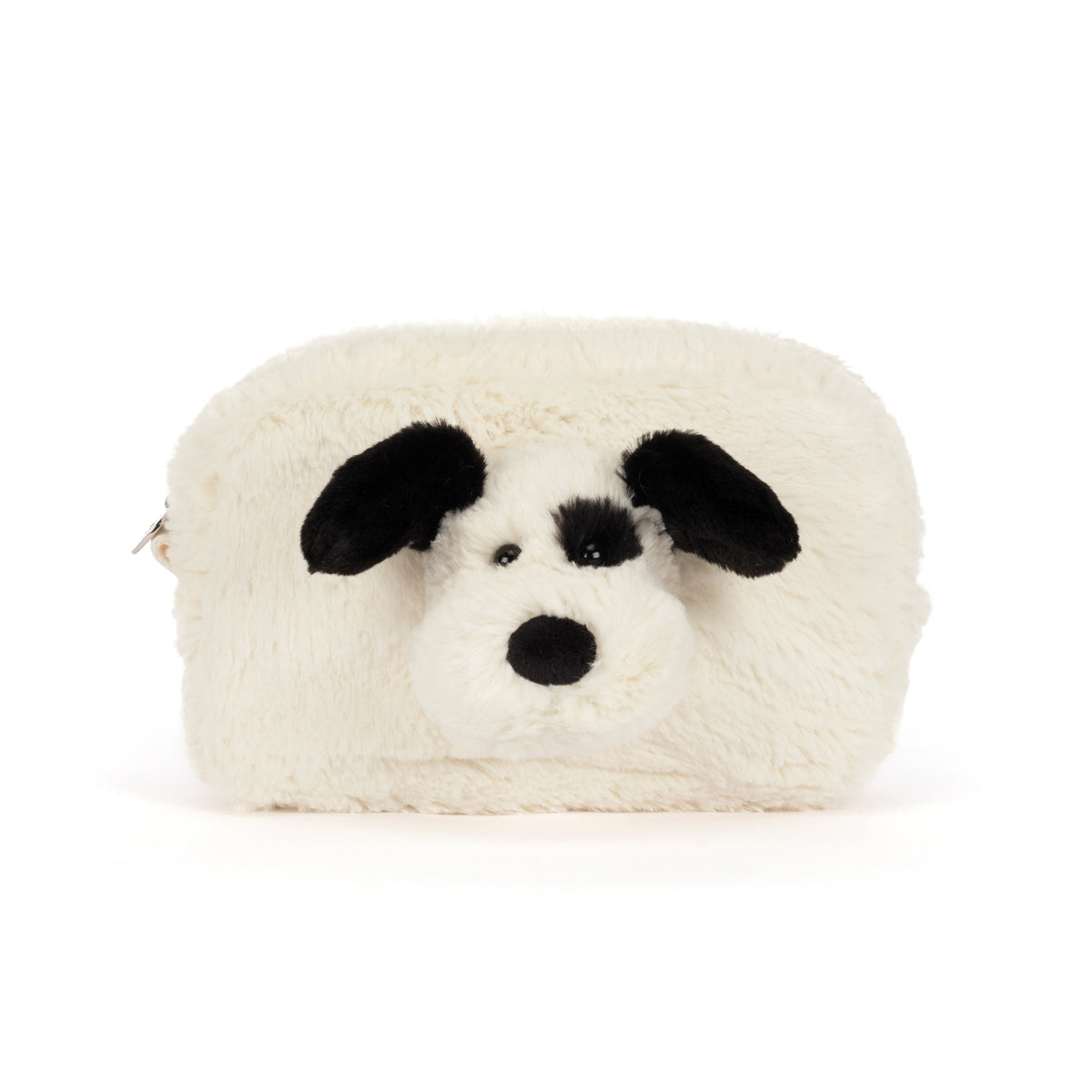 Rufferty Puppy Pouch, a white faux fur cosmetic bag with a plush dog face and black floppy ears.