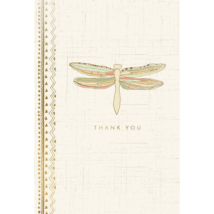 Thank You Dragonfly card with glitter foil refinements on a neutral background.