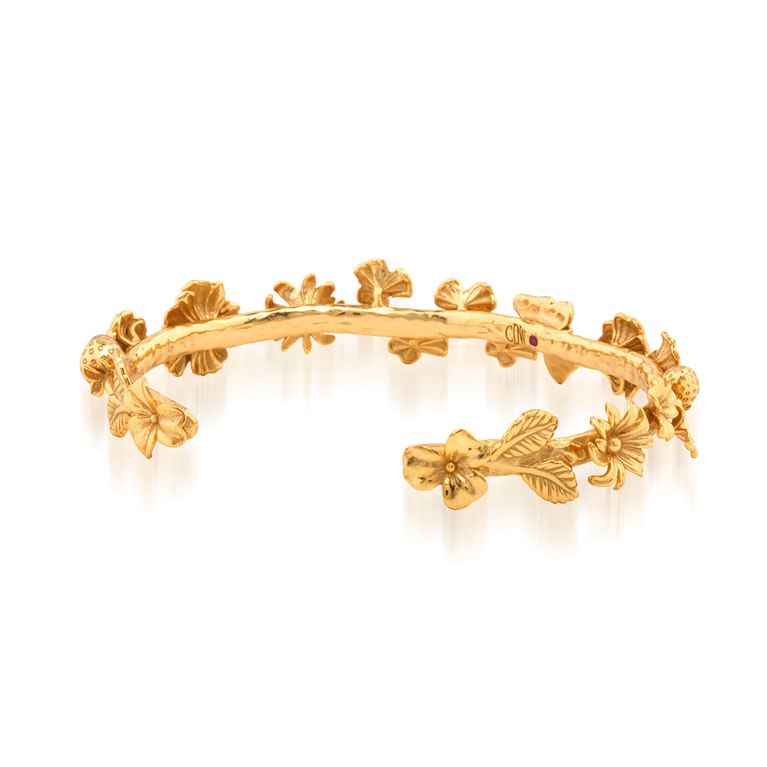 Gold Petite Cuff bracelet with a delicate floral meadow walk pattern.