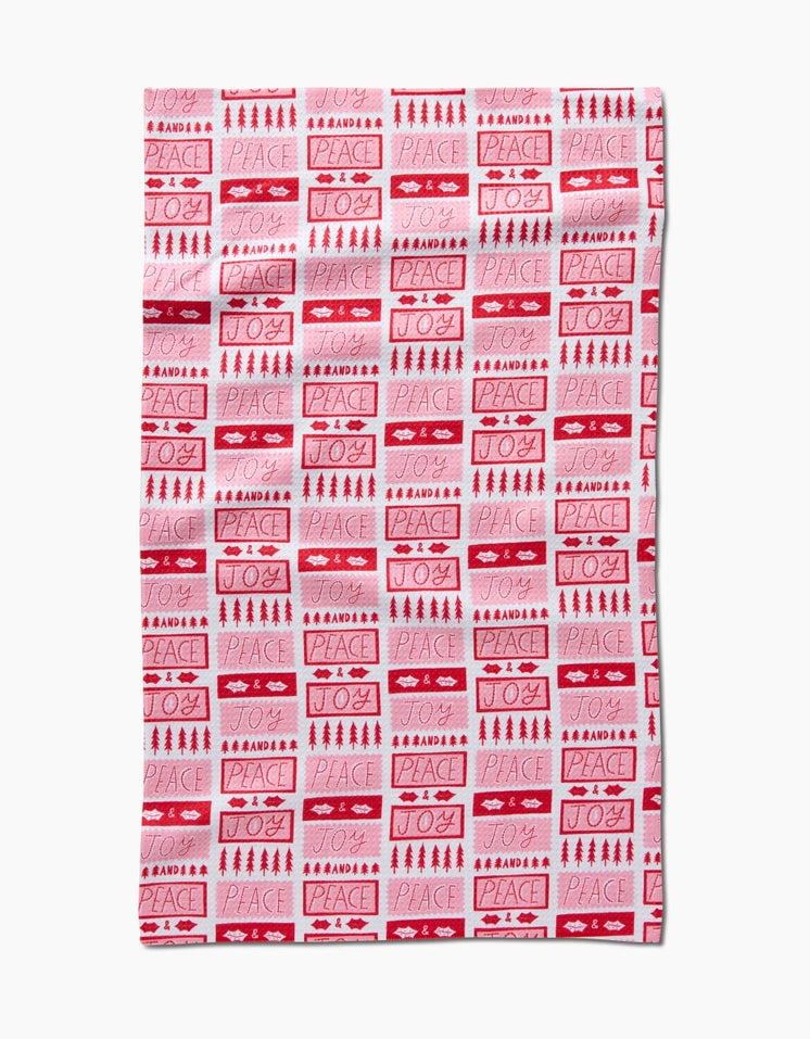 White waffle weave kitchen tea towel with holiday print