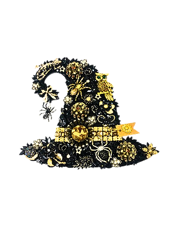 Agatha's Tiara Witch's Hat with black and gold jewelry, spiders, and an owl embellishment.