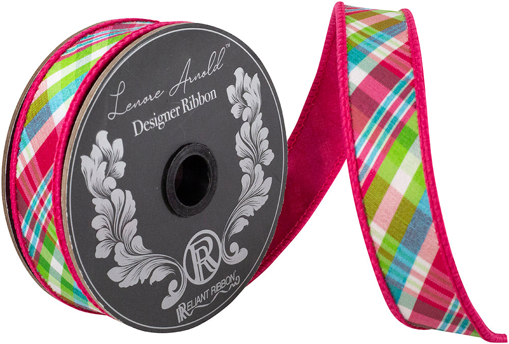 Plaid Festivity Deluxe Dupioni wired edge ribbon with a plaid pattern in festive colors.