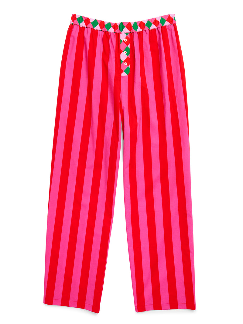 Aurora Festive Stripe Boxer Pants with red and pink vertical stripes and diamond pattern waistband.