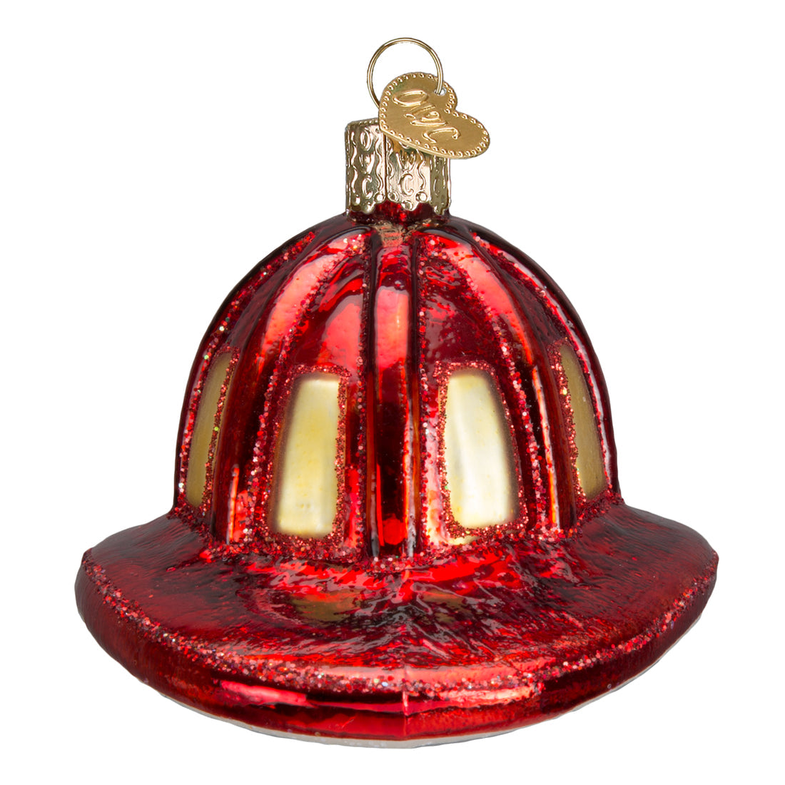 Red glittery glass fireman's helmet Christmas ornament with gold accents and a hanging loop.