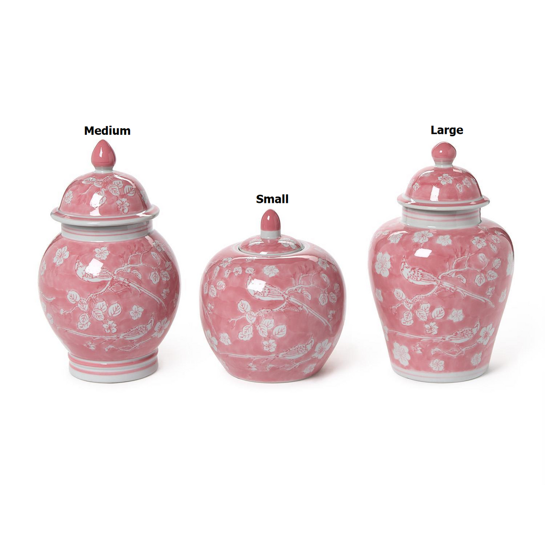 Hand-Painted Pink Chinoiserie Covered Jars - Ceramic