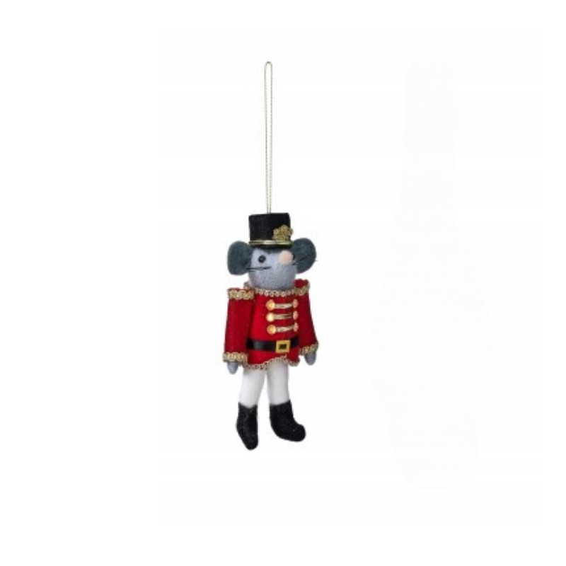 6.5-inch felt bear soldier ornament in a red uniform with a black hat and gold accents.
