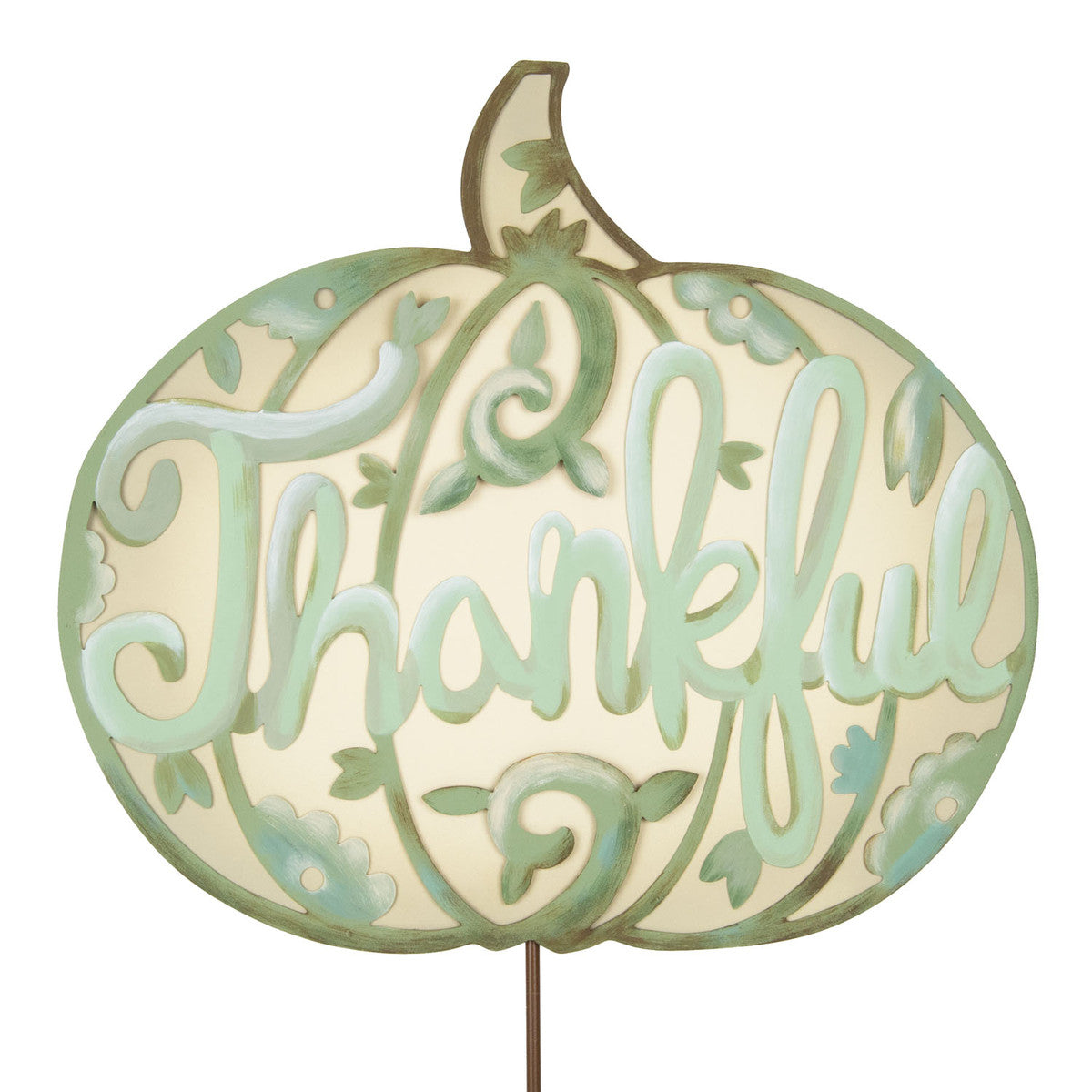 Light green lace-style pumpkin garden stake featuring the word "Thankful" in cursive script.