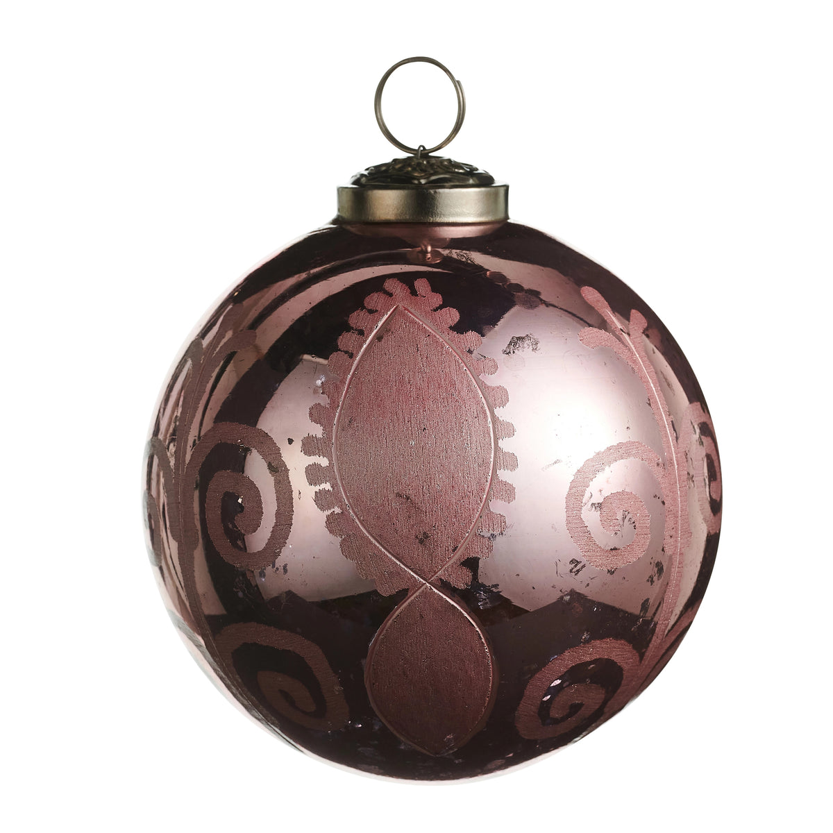 4-inch distressed blush glass Christmas ornament with an elegant etched pattern.