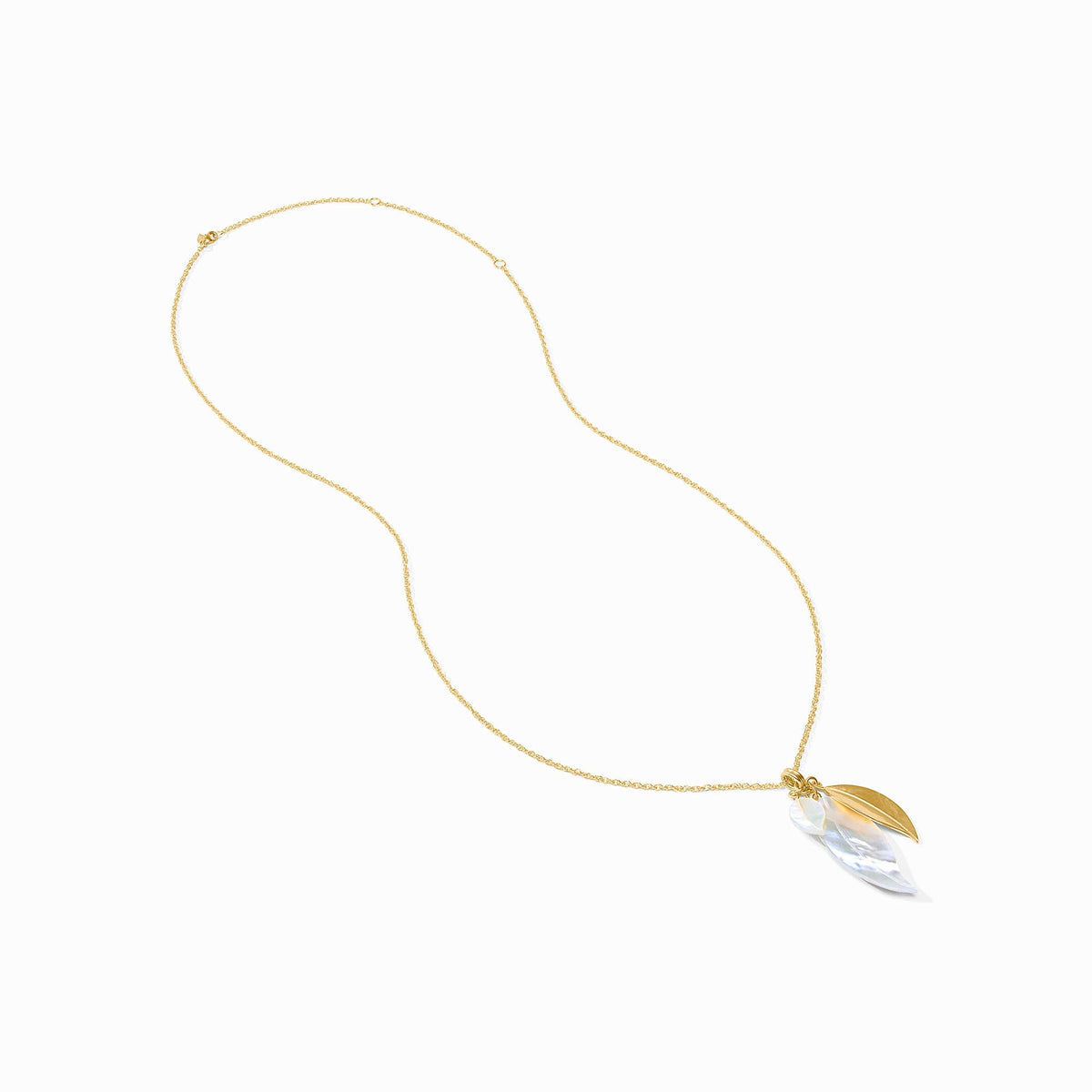 Willow Charm pendant featuring a mother-of-pearl stone set in adjustable gold-plated chain with lobster clasp.