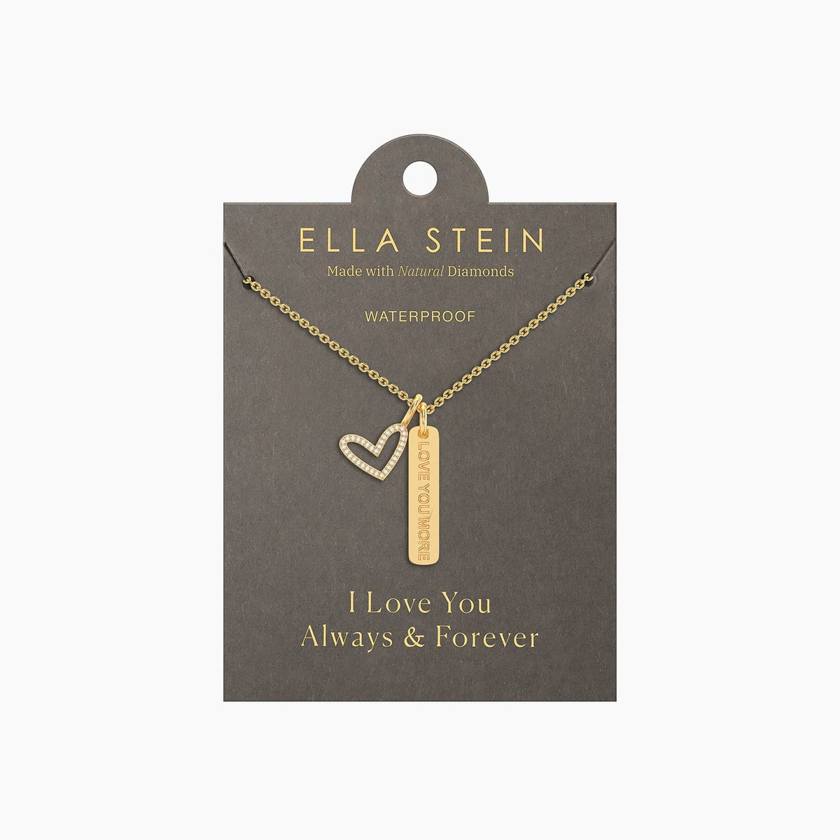 Gold waterproof necklace with a diamond-studded heart and a vertical bar engraved 'LOVE YOU MORE'.