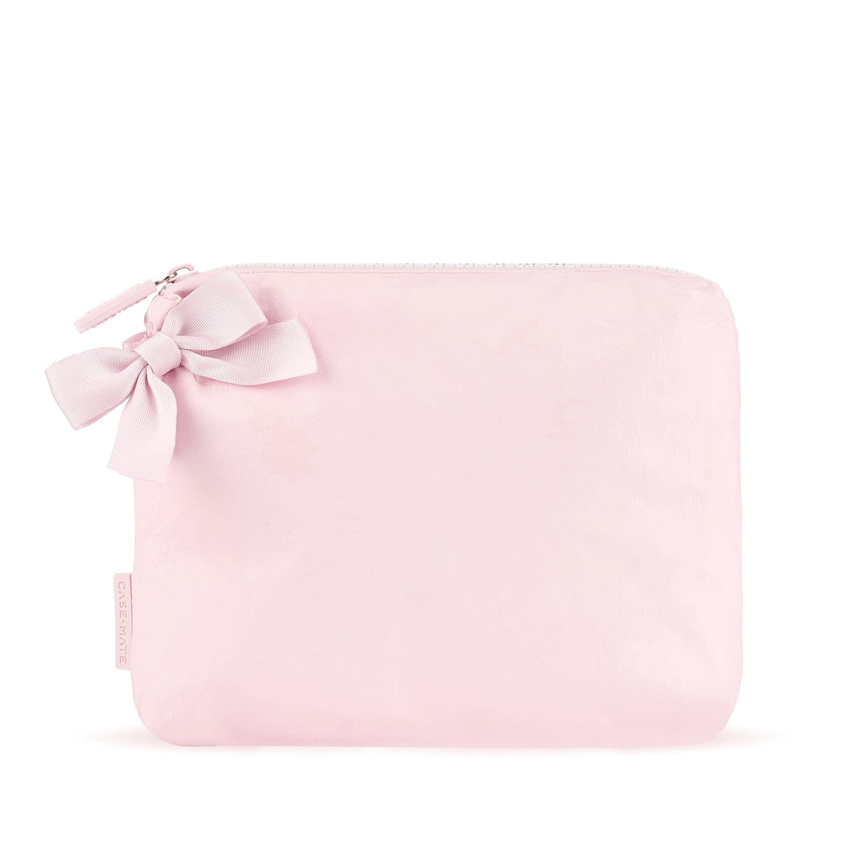 Light pink crinkle makeup bag with a matching bow detail and zip closure.