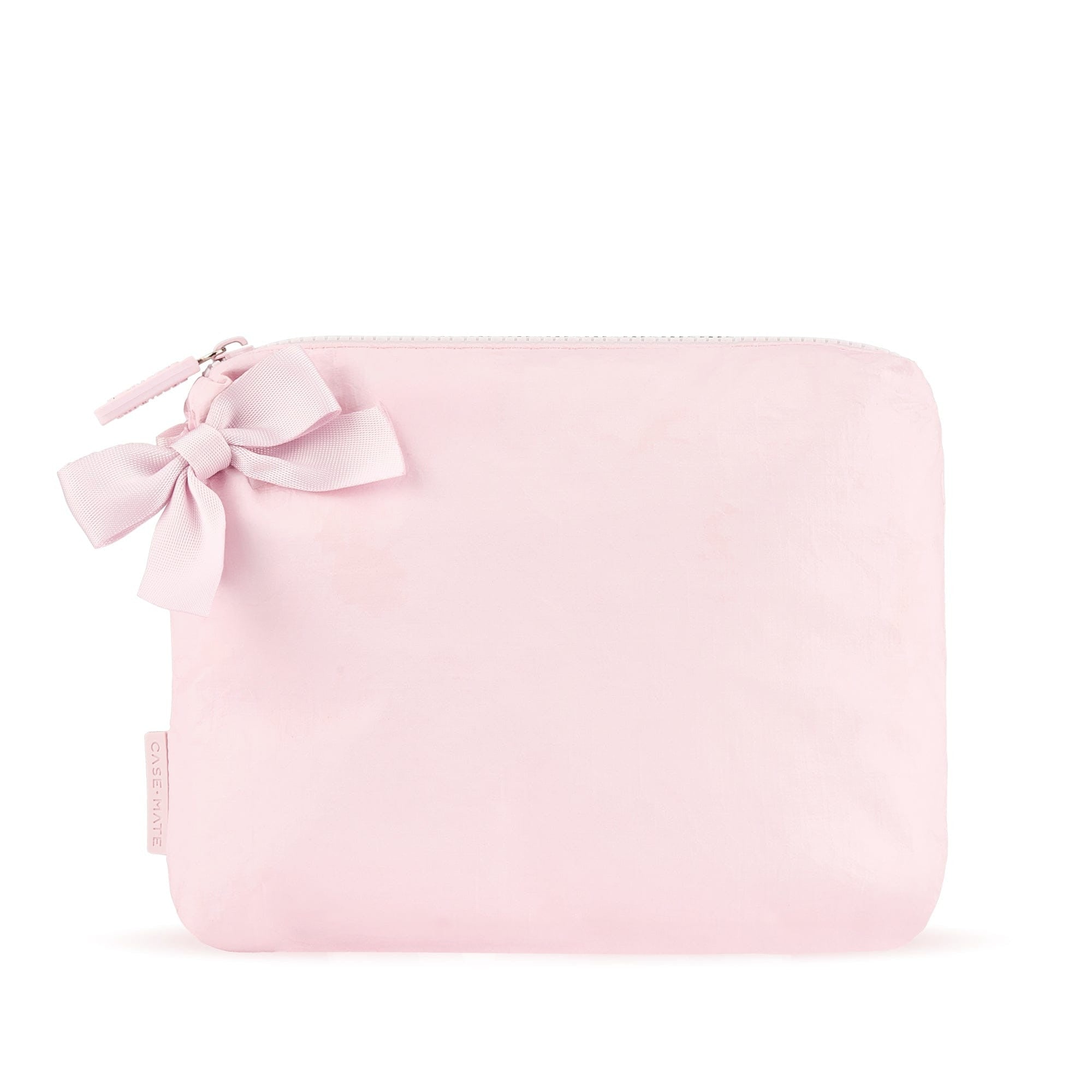 Light pink crinkle makeup bag with a matching bow detail and zip closure.